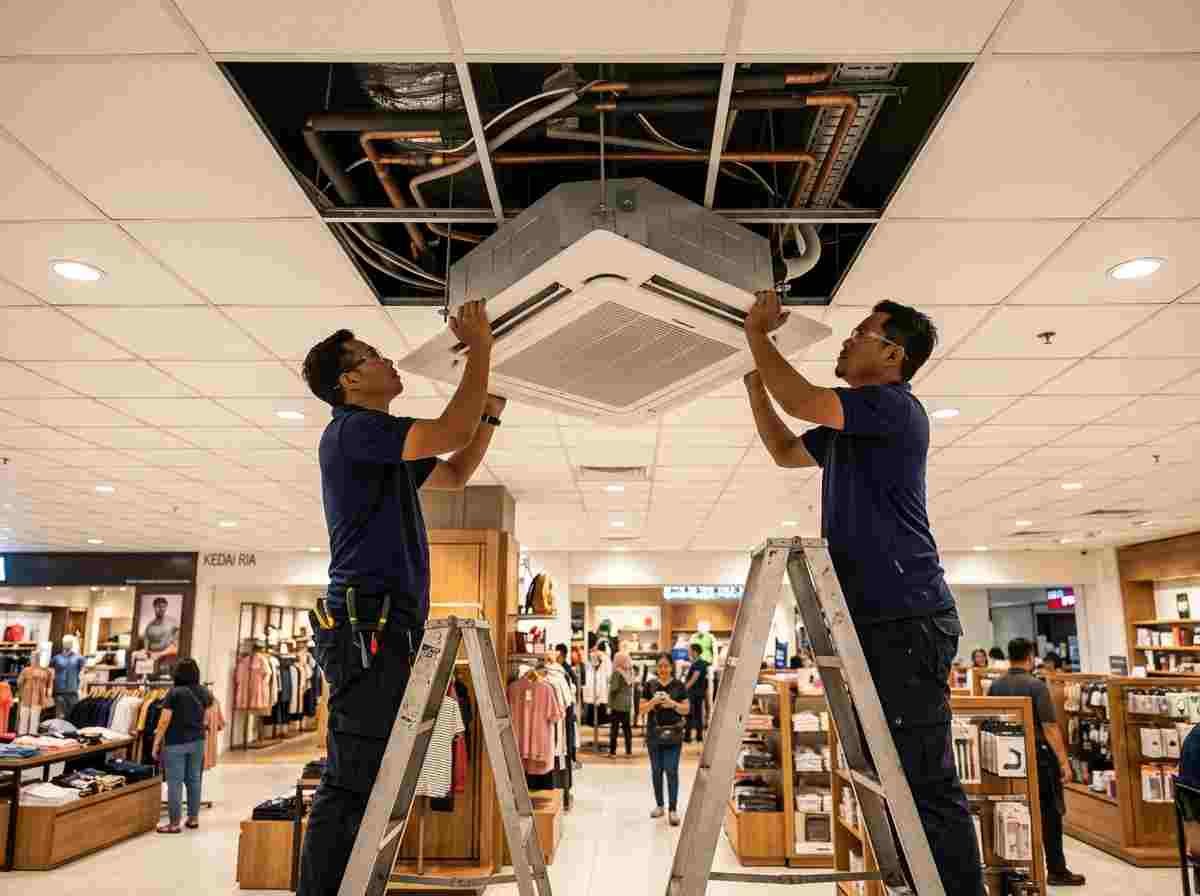 Ceiling cassette aircond installed in an office