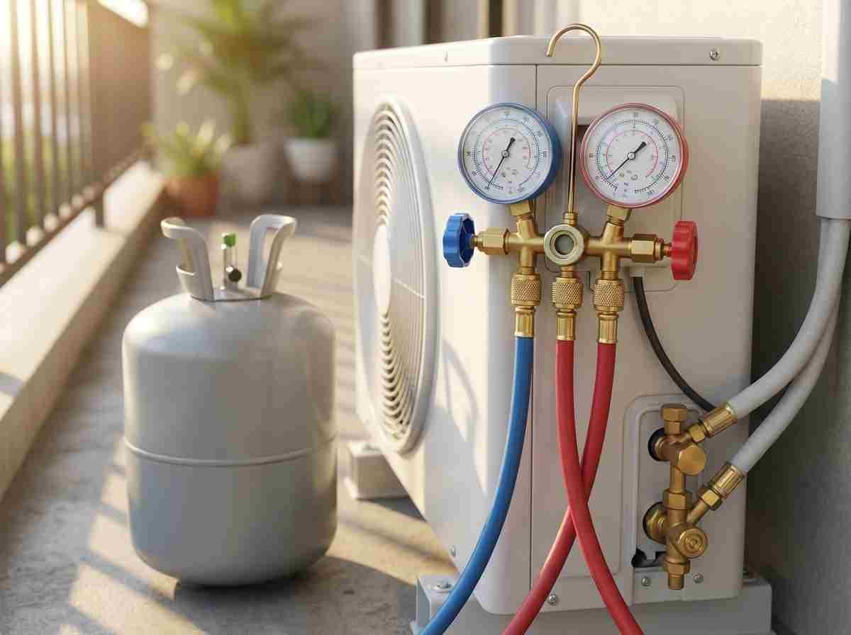 Gauge set on an outdoor aircond unit for gas refill