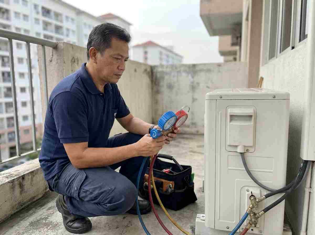 Technician cleaning a wall aircond unit during a service in KL and Selangor